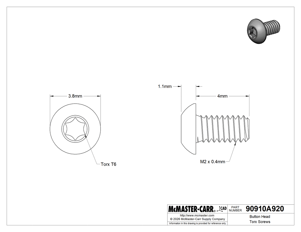 Technical Drawing of Button Head Torx Screws, 18-8 Stainless Steel, M2 x 0.4mm Thread, 4mm Long.